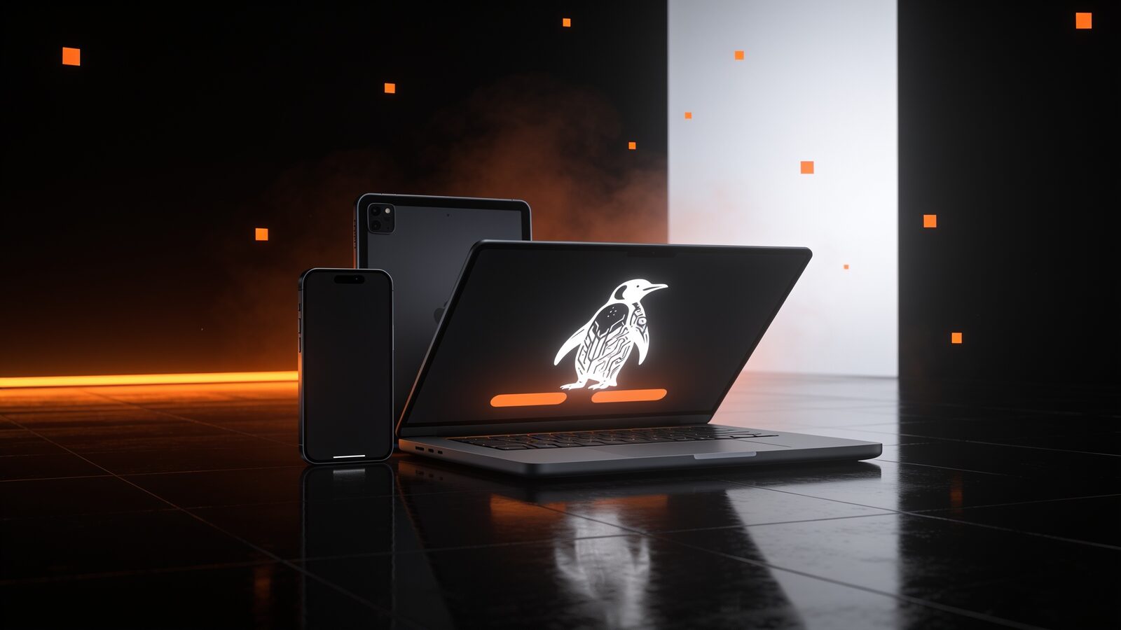 A laptop and phone showing the Pixel Penguin logo in a studio lit by an orange rim light